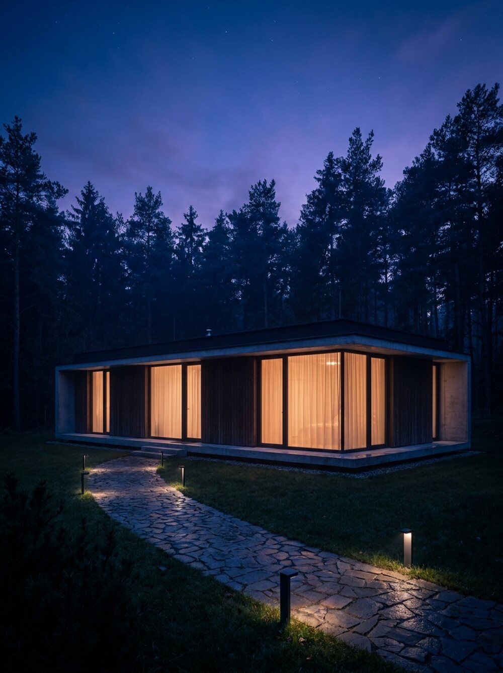 Moderní rodinný dům za soumraku s teple prosvětlenými okny a osvětlenou zahradní cestou