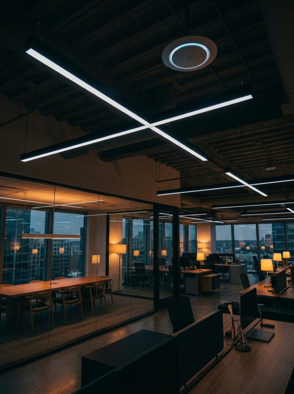 Moderní kancelář večer s lineárními LED svítidly a přístupovým bodem Wi-Fi na stropě
